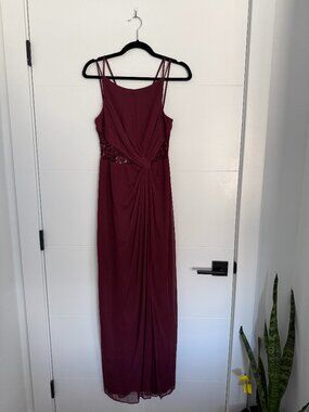 David's Bridal Burgundy Lace Detail Chiffon Maxi Dress Size 6